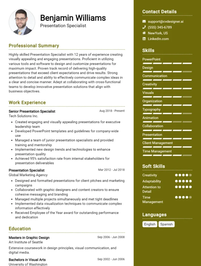 Presentation Specialist CV Example For 2025: Ultimate Guide