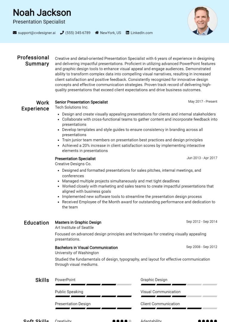 Presentation Specialist Resume Example for 2025: Top CV Skills