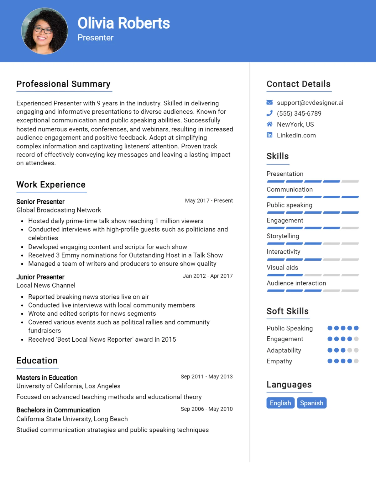 Presenter CV Example For 2024: Top CV Skills - CVDesigner.ai