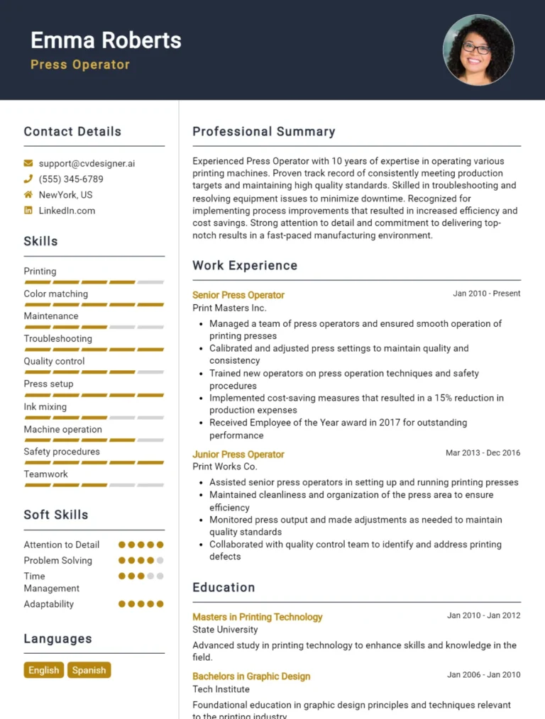 Press Operator CV Example For 2025: Free Downloadable Templates