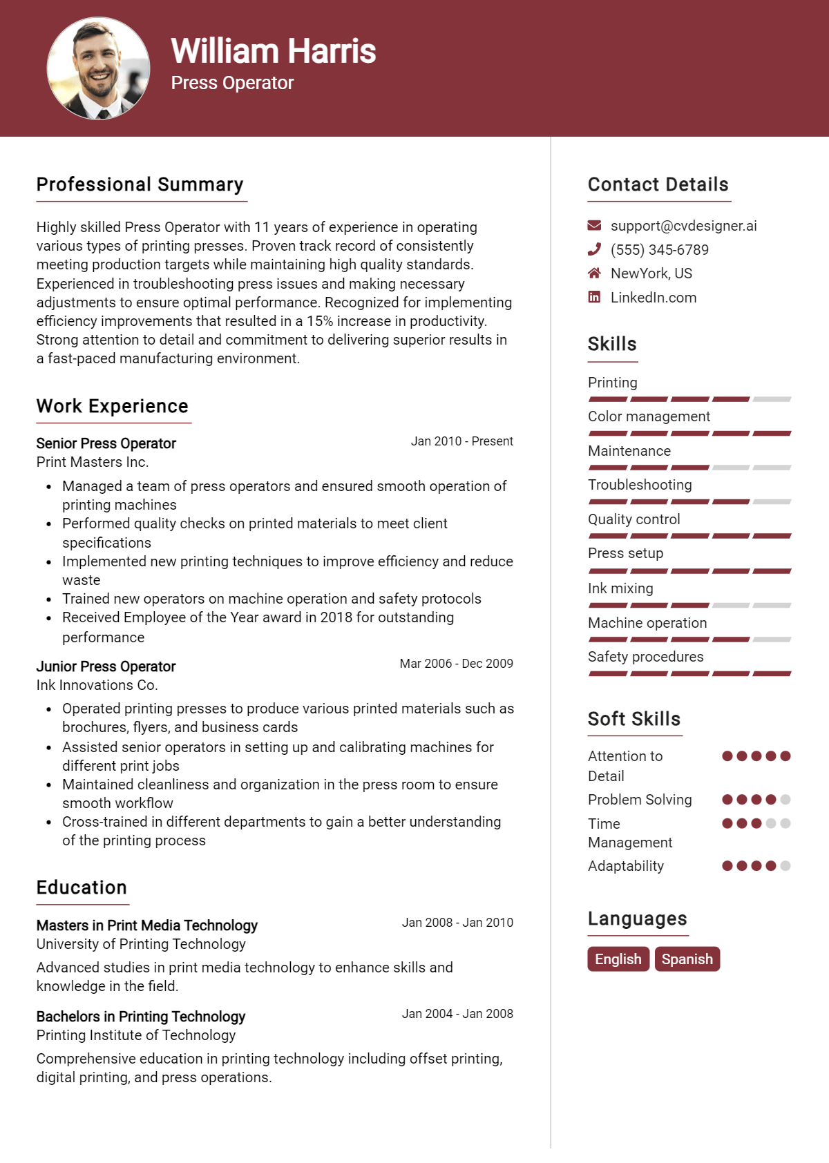 Press Operator Resume Example