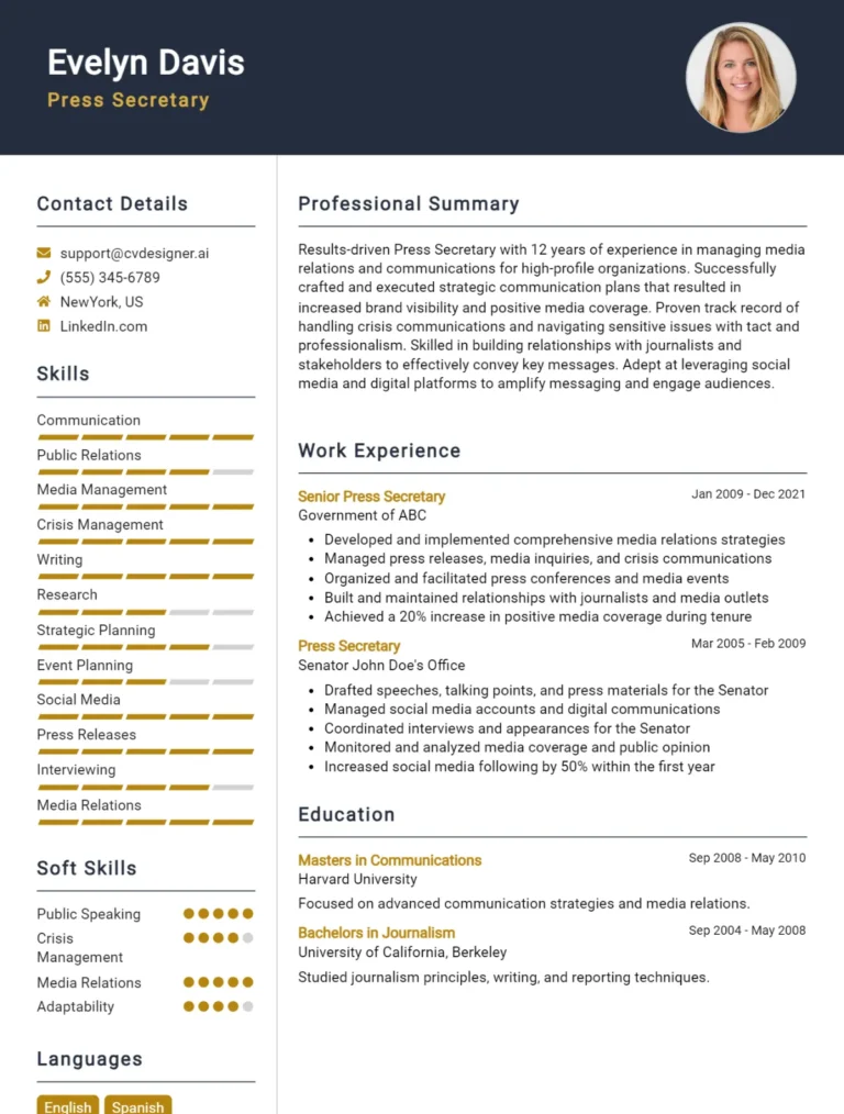 Press Secretary CV Example For 2025: Examples & Free Templates