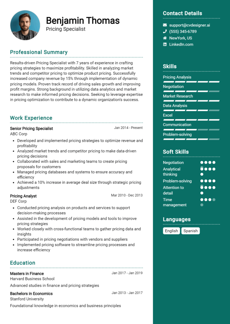 Pricing Specialist Resume Example for 2025: Best Tips & Templates