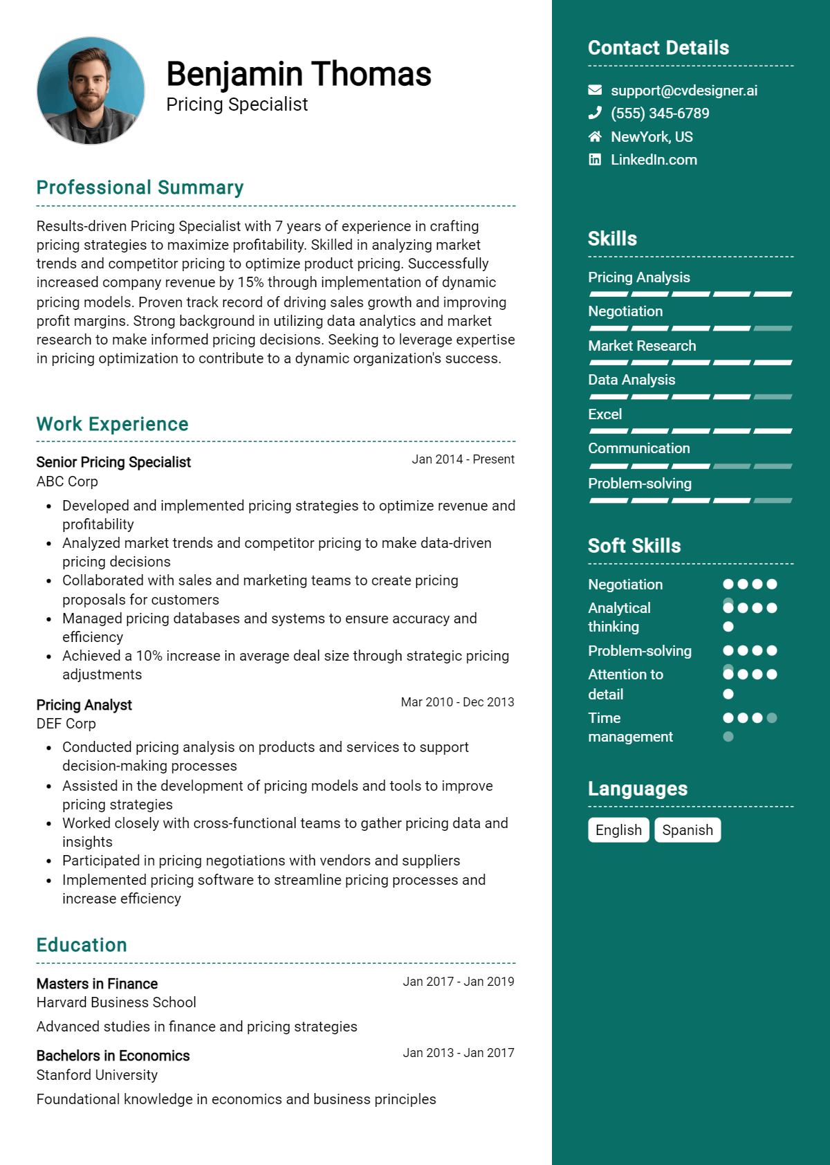Pricing Specialist Resume Example
