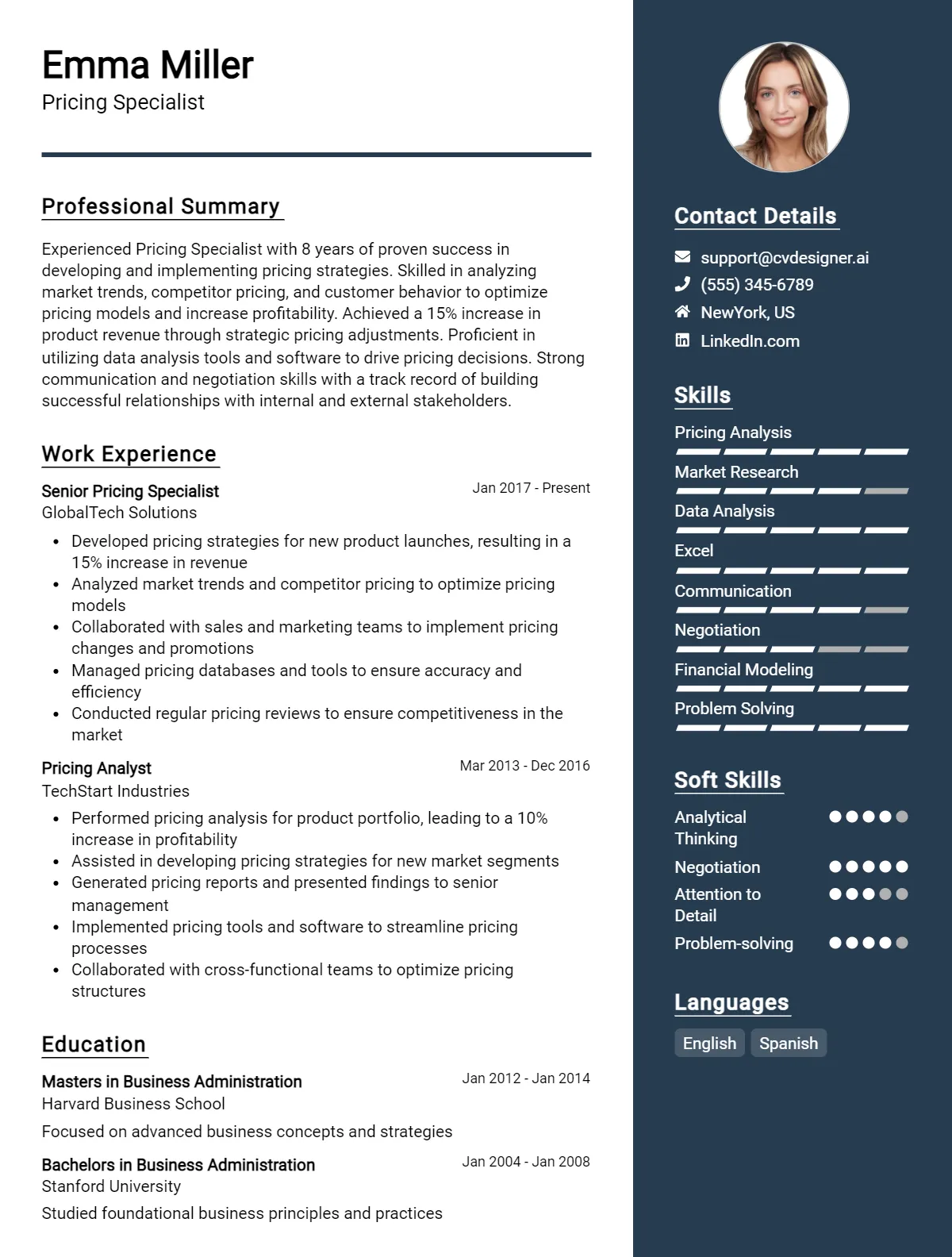 Pricing Specialist CV Example