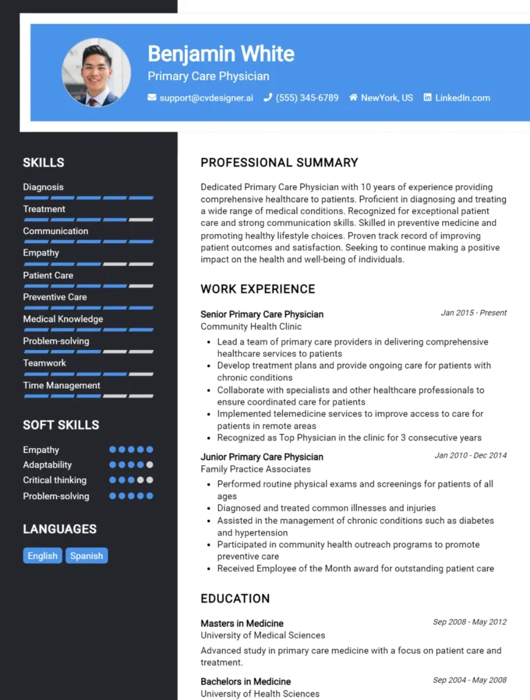 Primary Care Physician CV Example For 2025: Examples & Free Templates