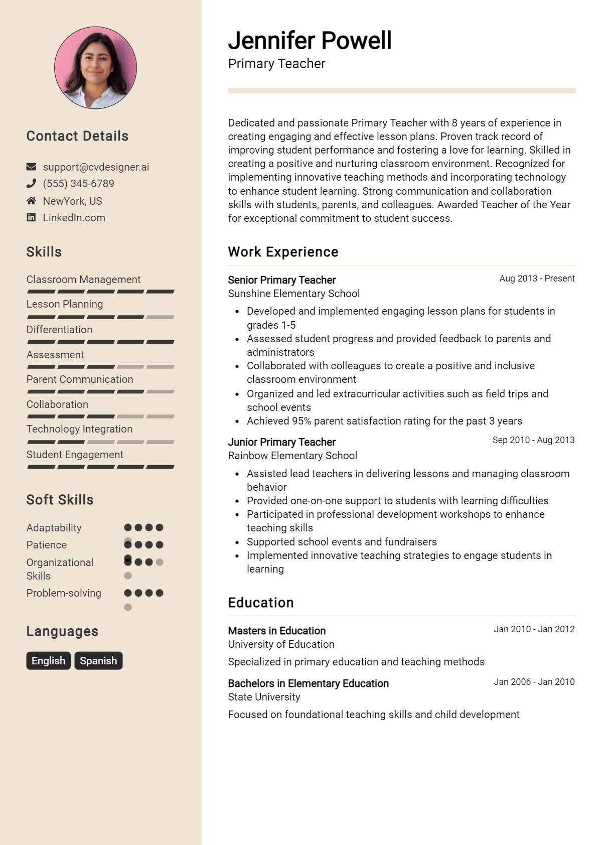Primary Teacher Resume Example