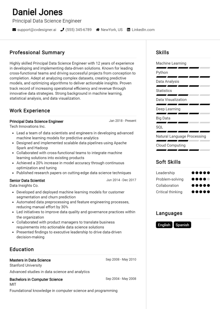 Principal Data Science Engineer Resume Example