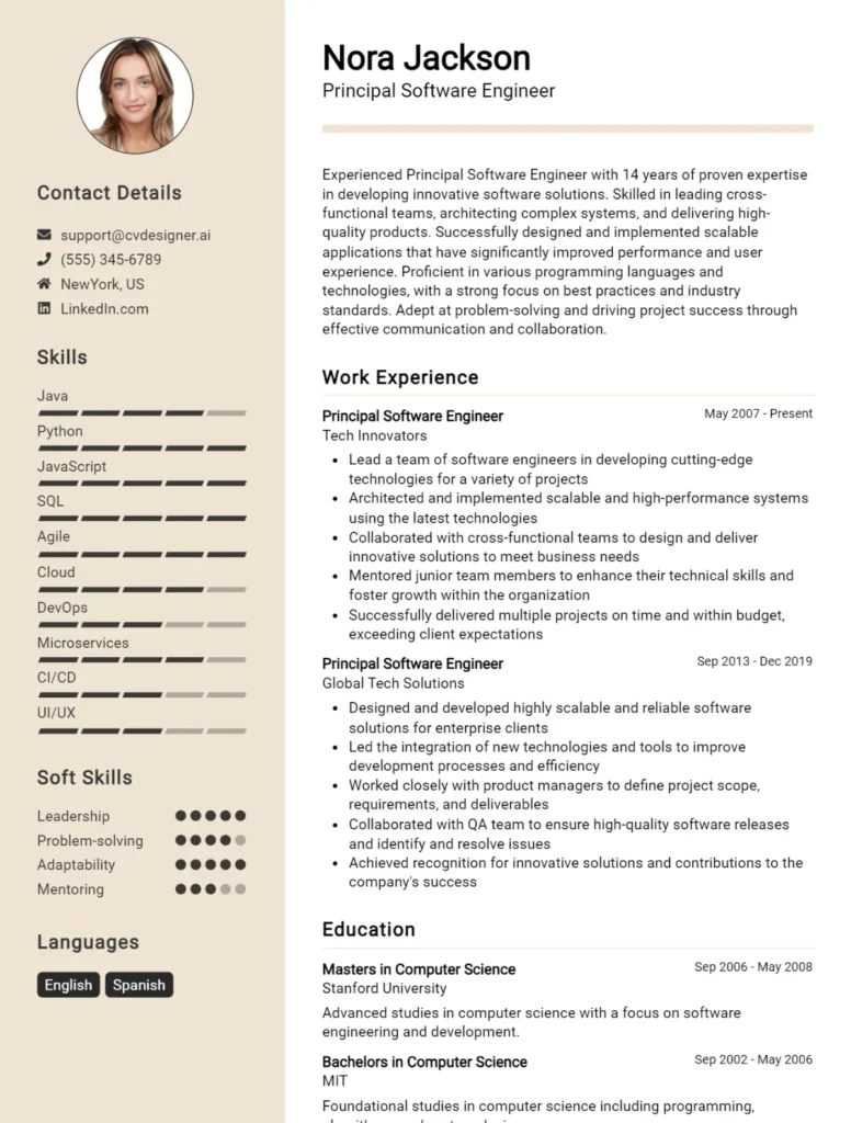 Principal Software Engineer CV Example