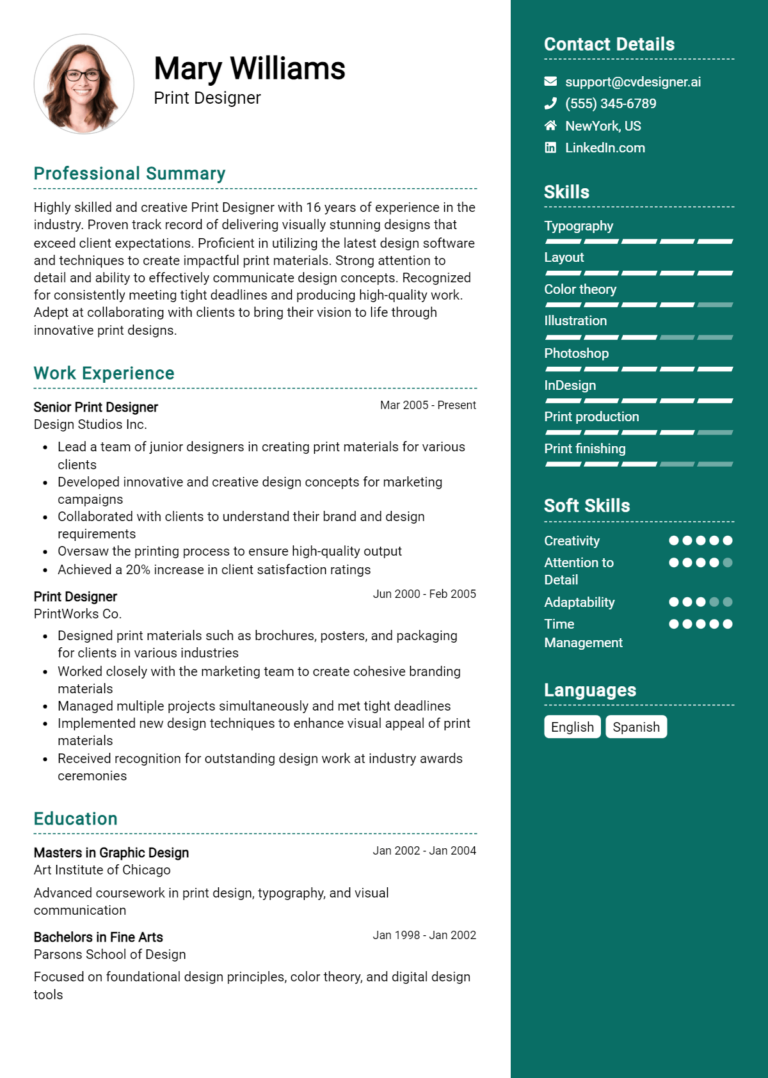 Print Designer Resume Example for 2025: Free Guide