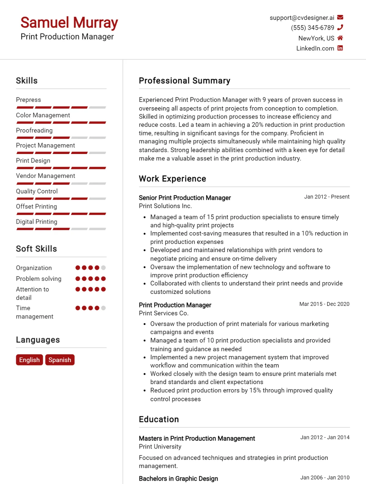 Print Production Manager CV Example