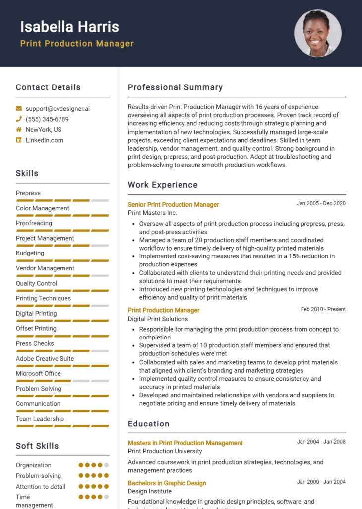 Print Production Manager Resume Example