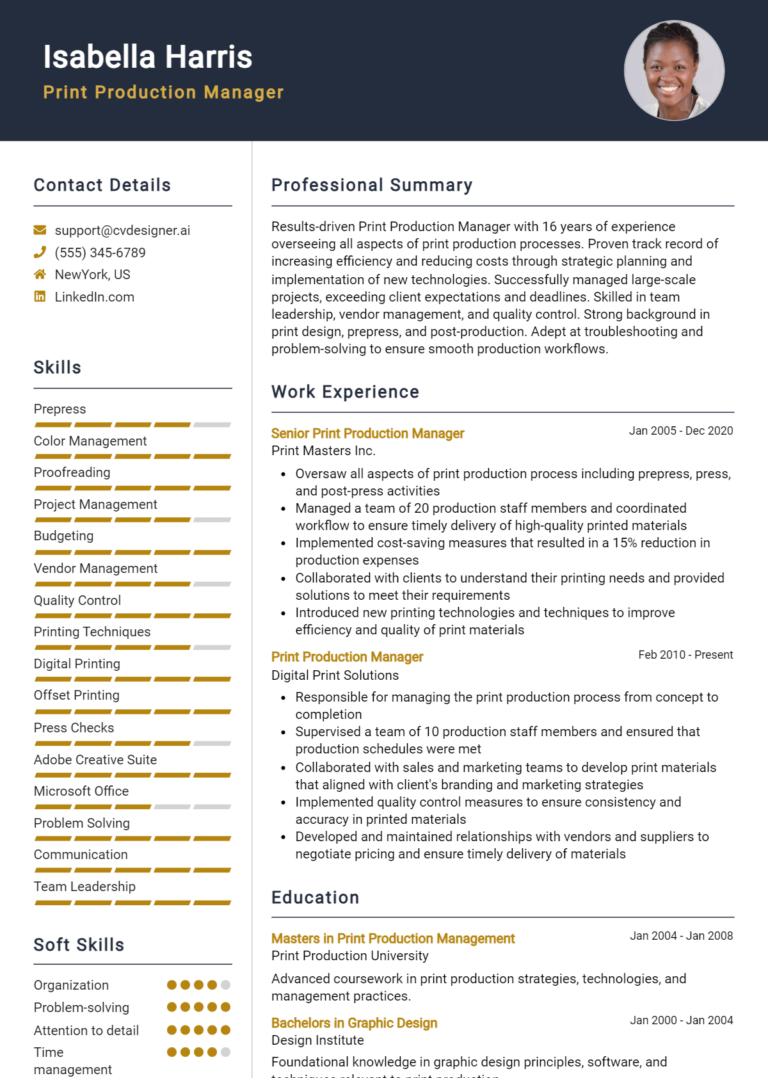 Print Production Manager Resume Example for 2025: Downloadable Templates