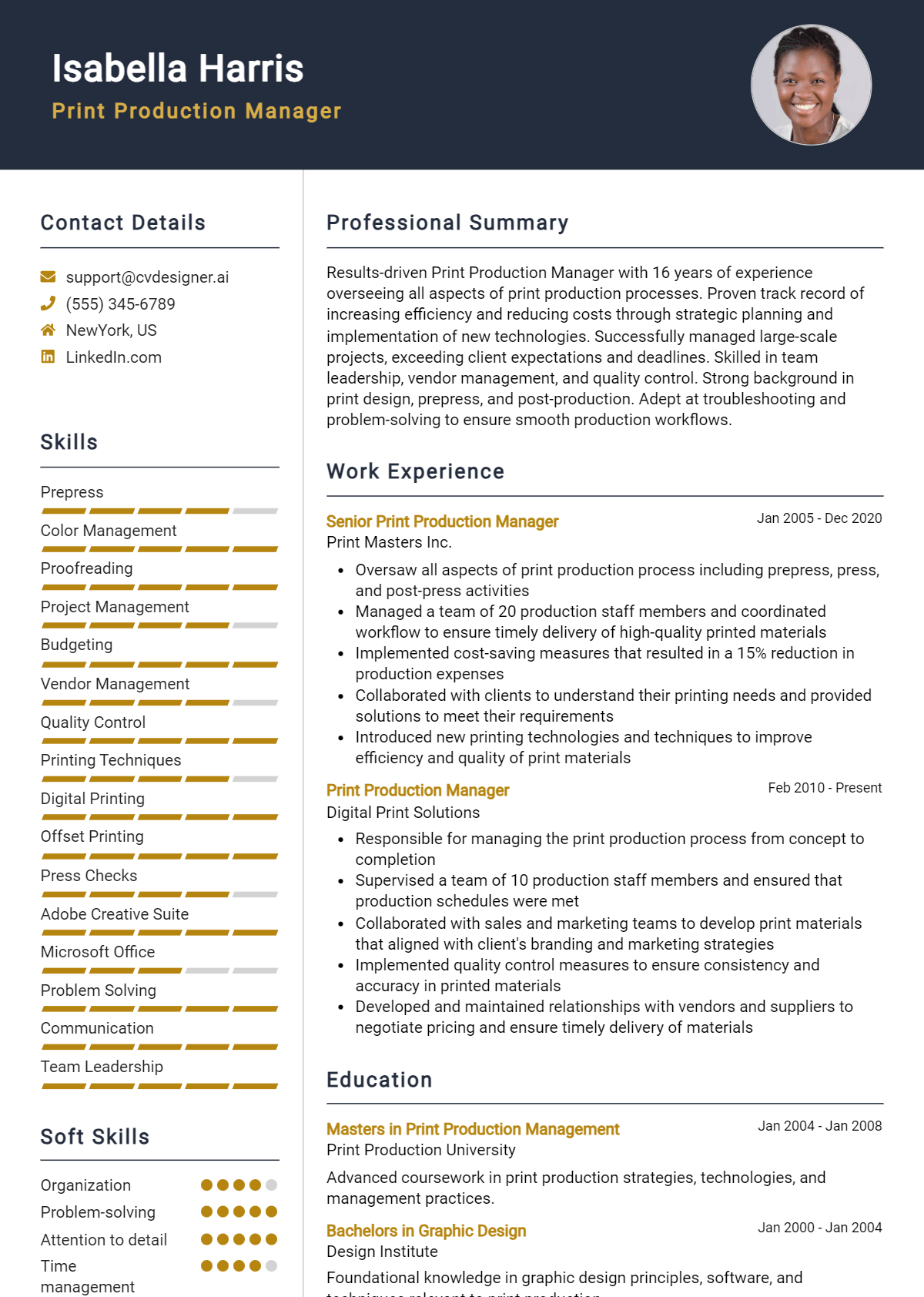 Print Production Manager Resume Example