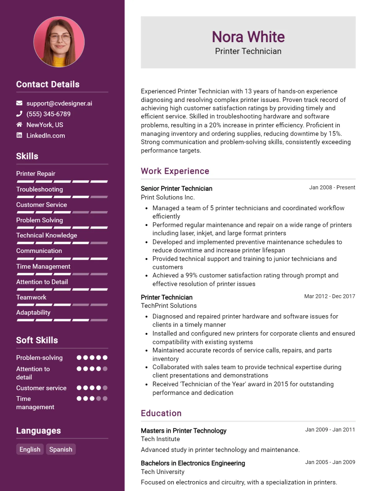 Printer Technician CV Example