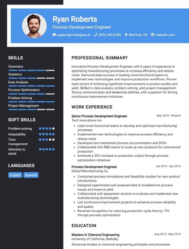 Process Development Engineer CV Example For 2025: Expert Tips & Templates