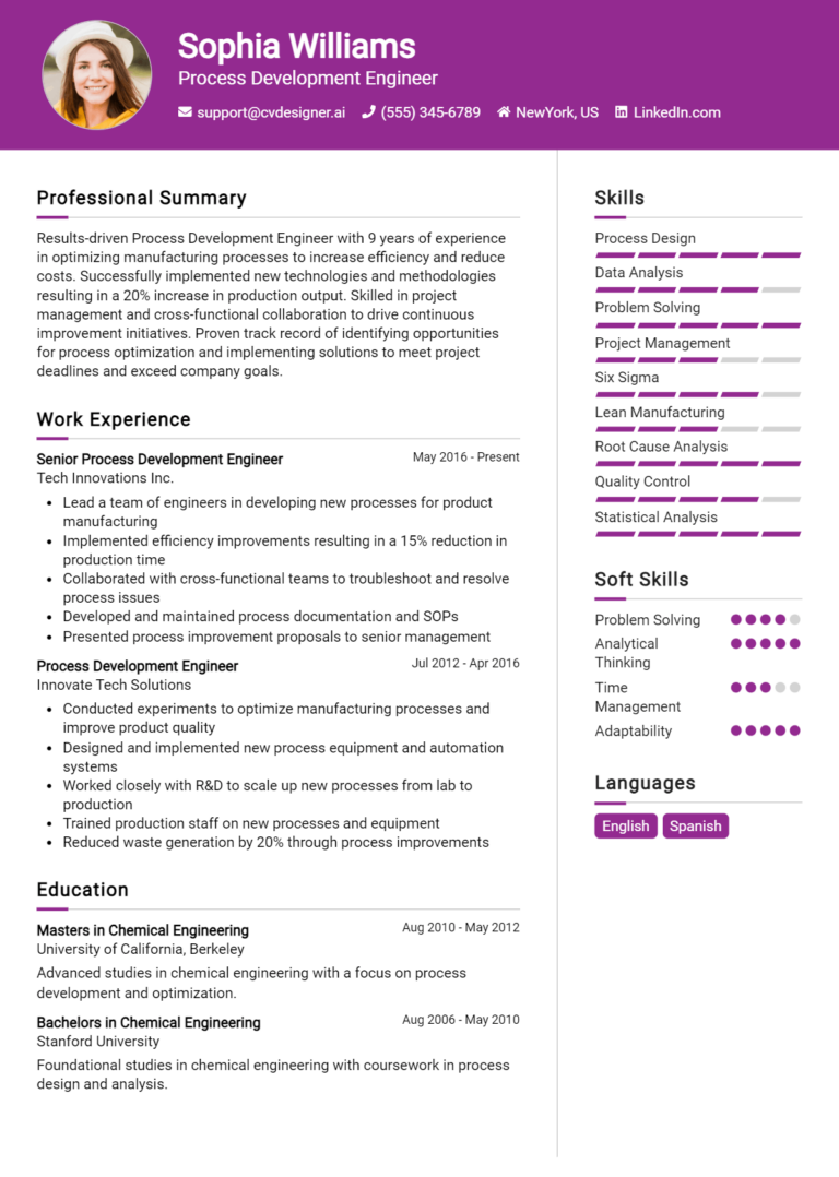 Process Development Engineer Resume Example for 2025: Free Templates