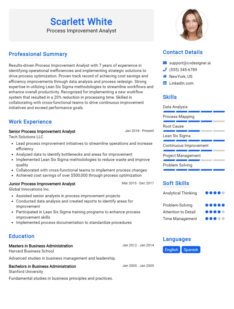 Process Improvement Analyst CV Example For 2025: Best Writing Guide