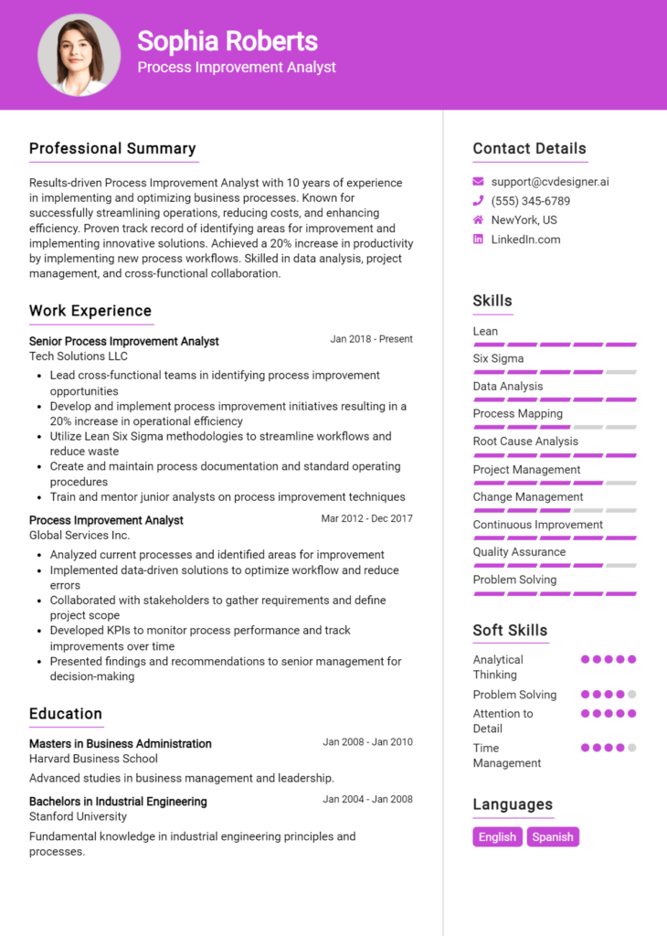 Process Improvement Analyst Resume Example