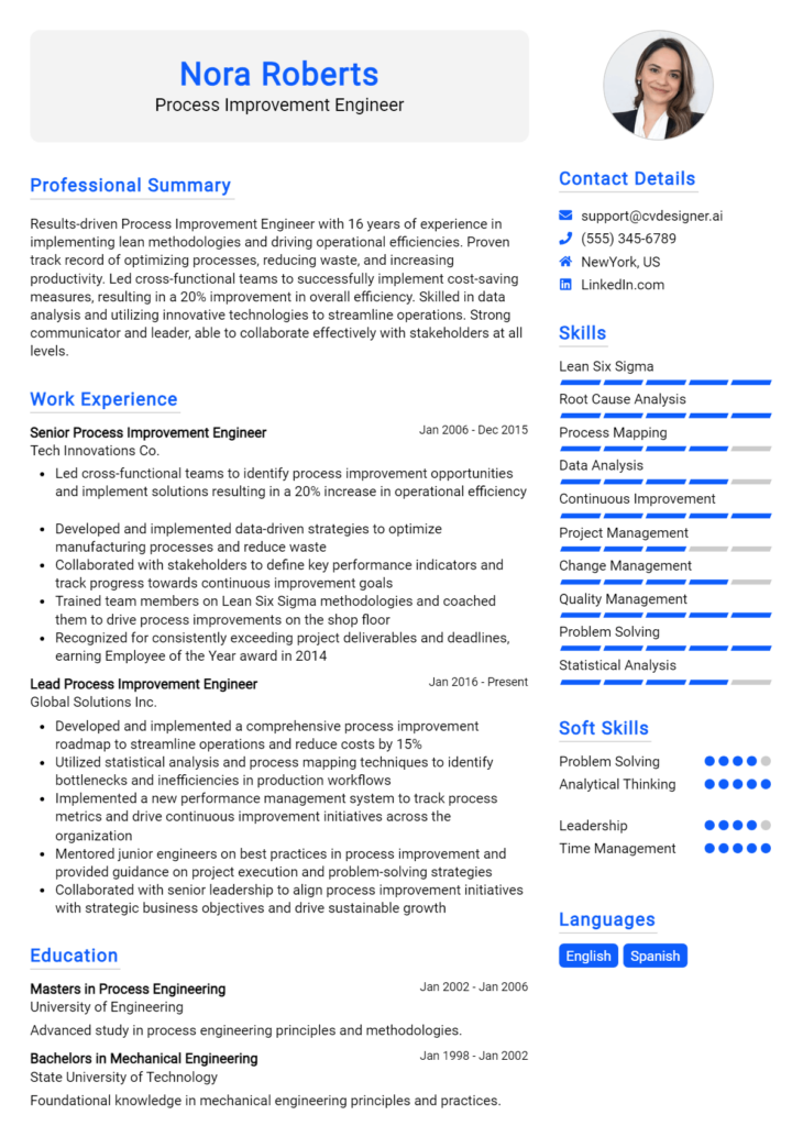 Process Improvement Engineer Resume Example