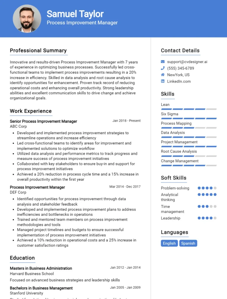 Process Improvement Manager CV Example For 2025: How to Create a Professional CV