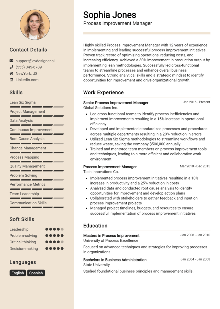 Process Improvement Manager Resume Example for 2025: Best Tips