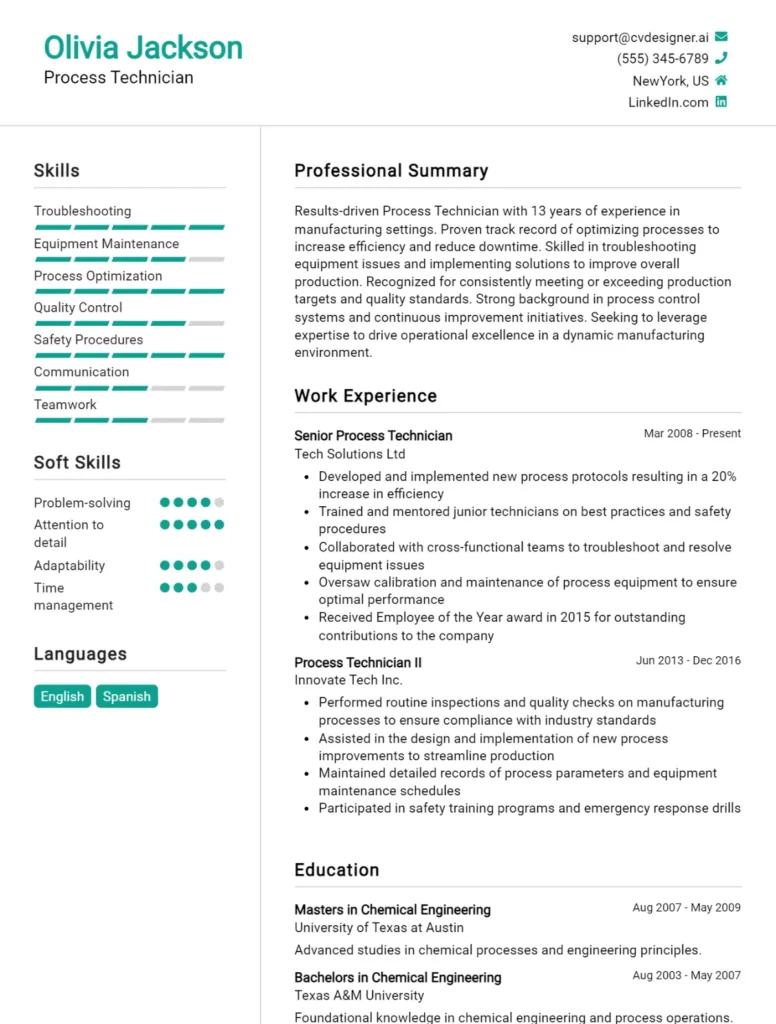 Process Technician CV Example