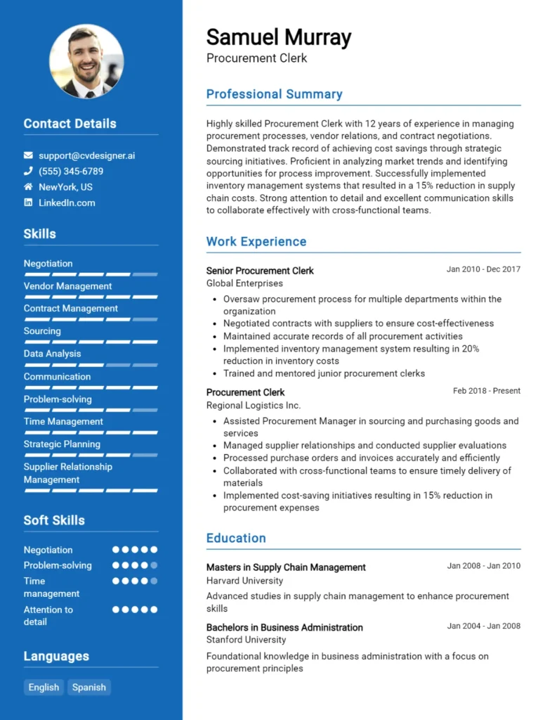 Procurement Clerk CV Example