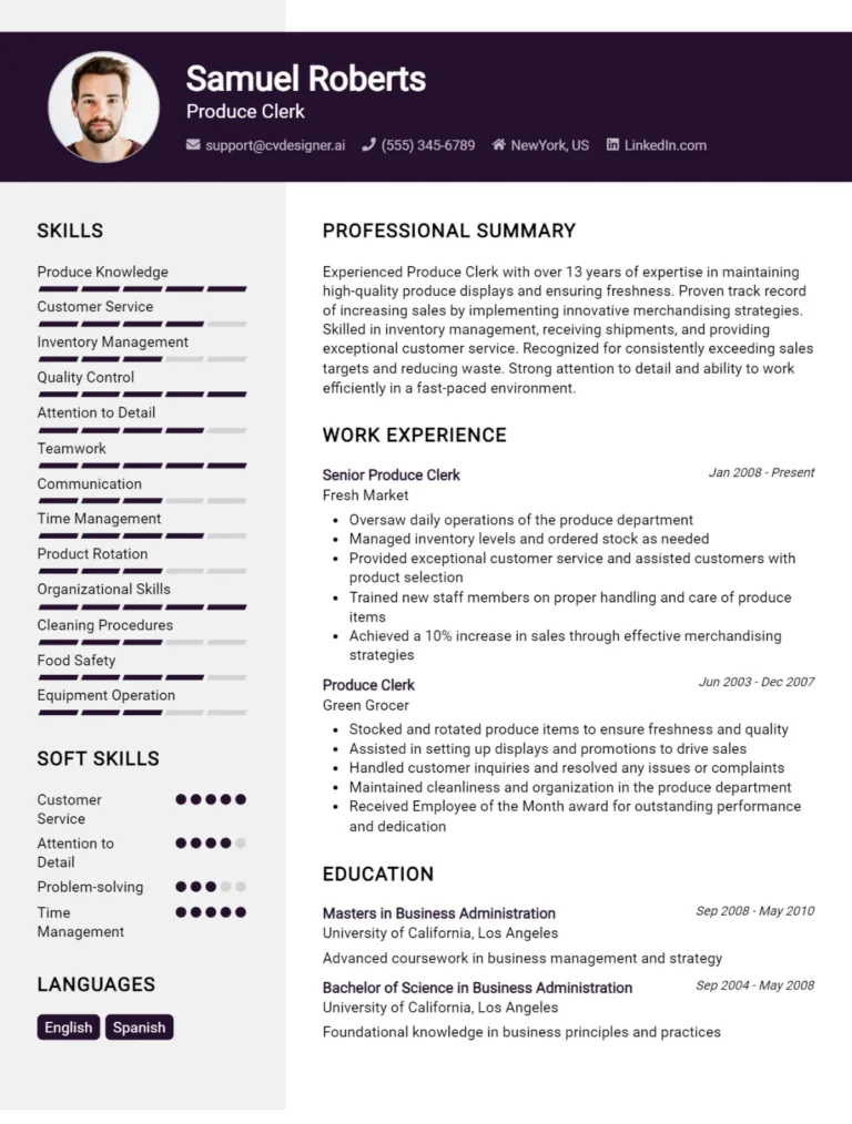 Produce Clerk CV Example For 2025: Tips to Stand Out