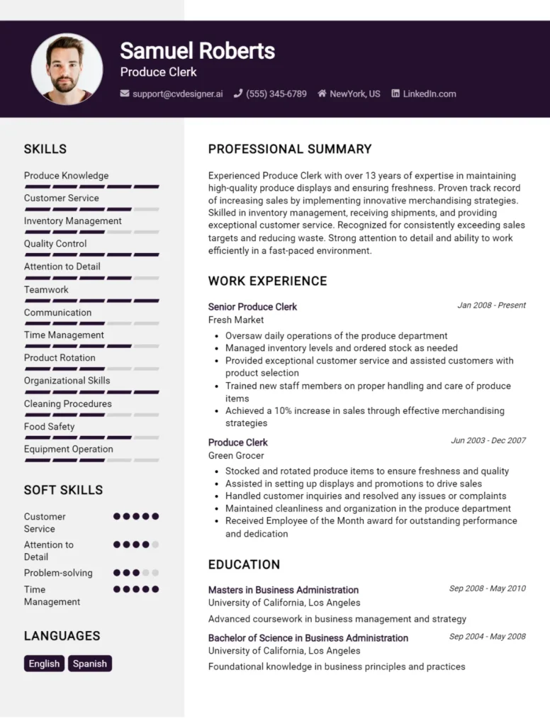 Produce Clerk CV Example