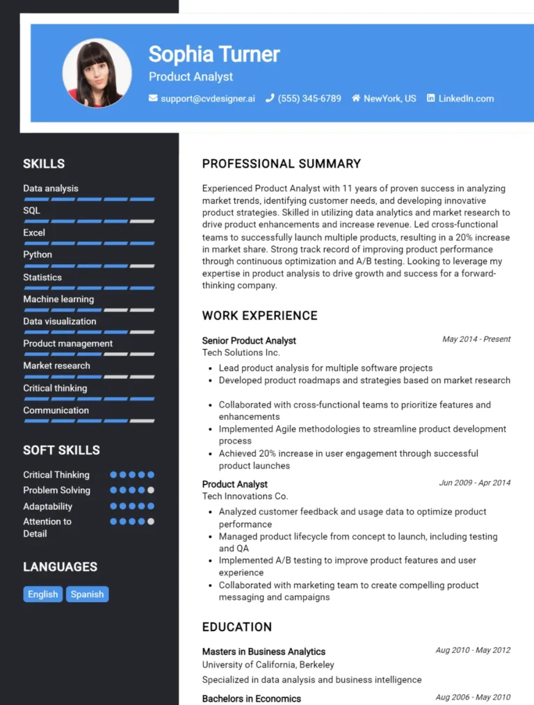 Product Analyst CV Example For 2025: Professional CV Templates