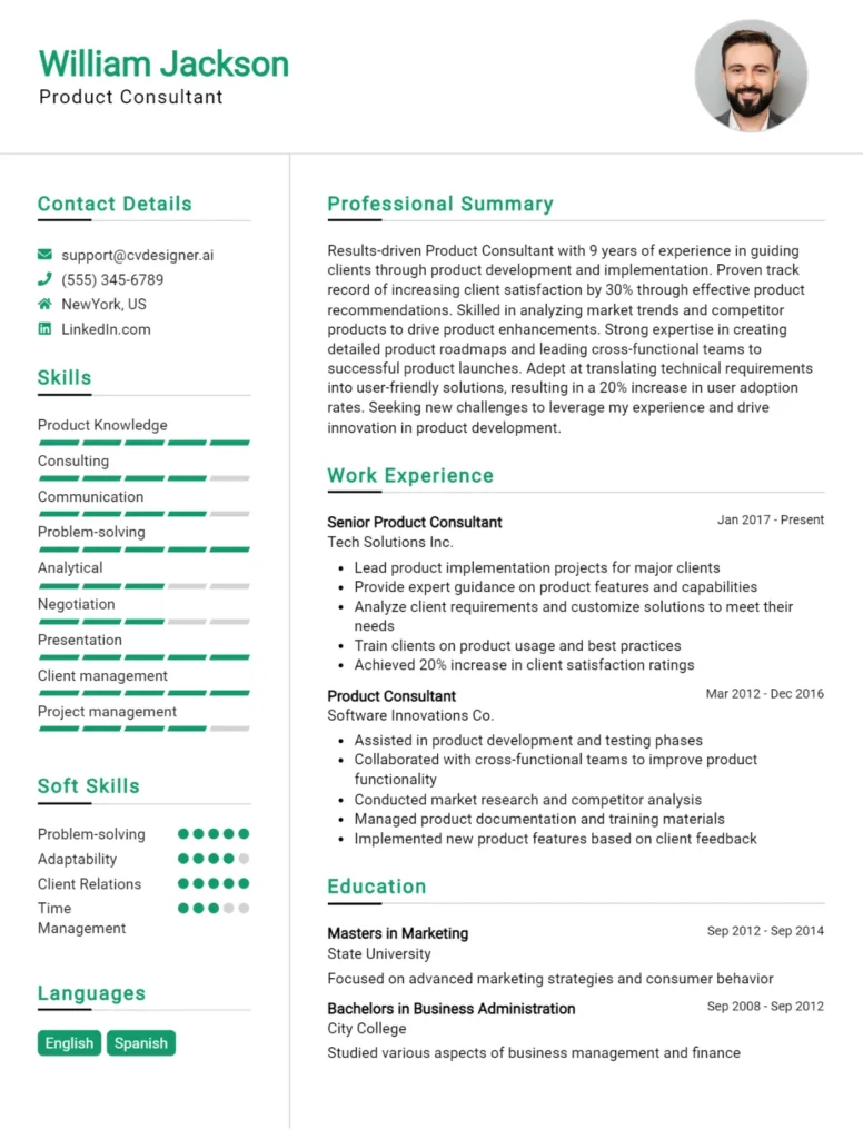 Product Consultant CV Example