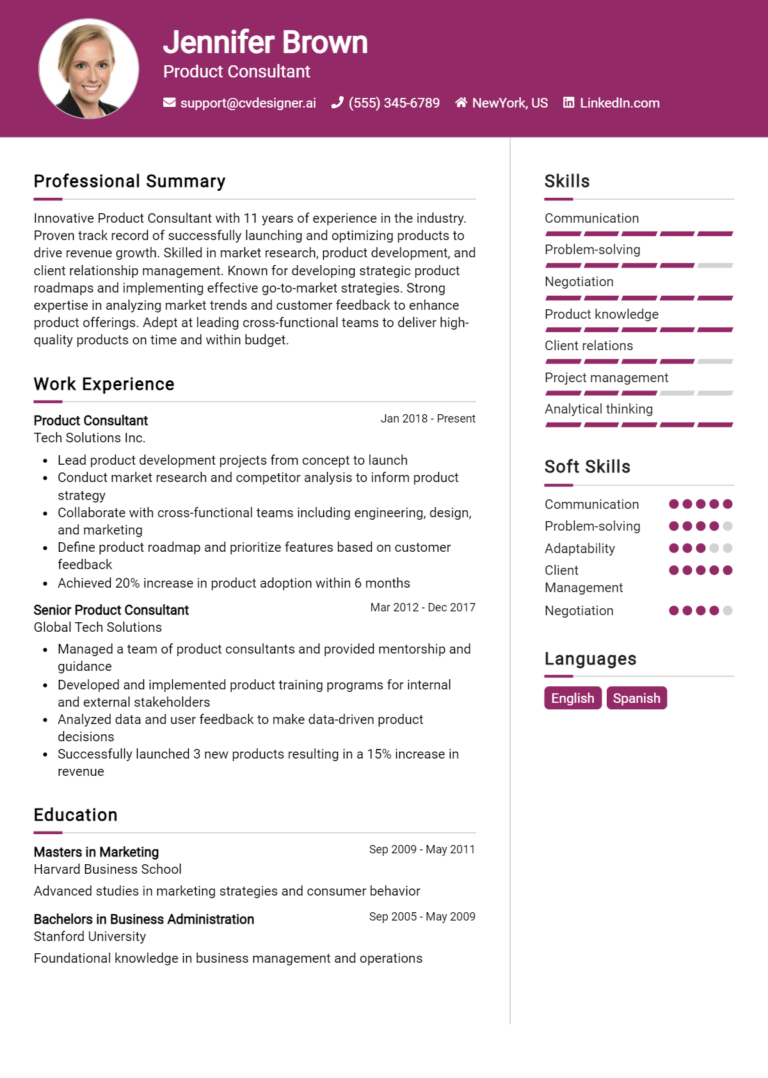 Product Consultant Resume Example for 2025: Downloadable Templates