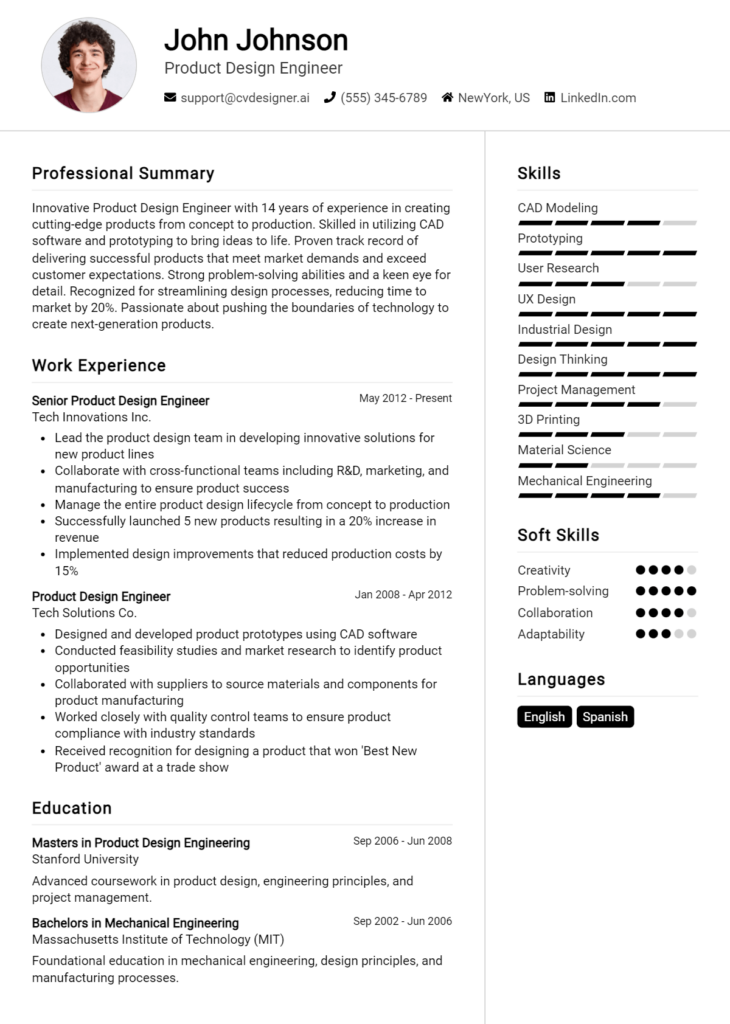 Product Design Engineer Resume Example