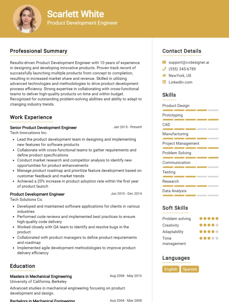 Product Development Engineer CV Example For 2025: Free Professional Templates