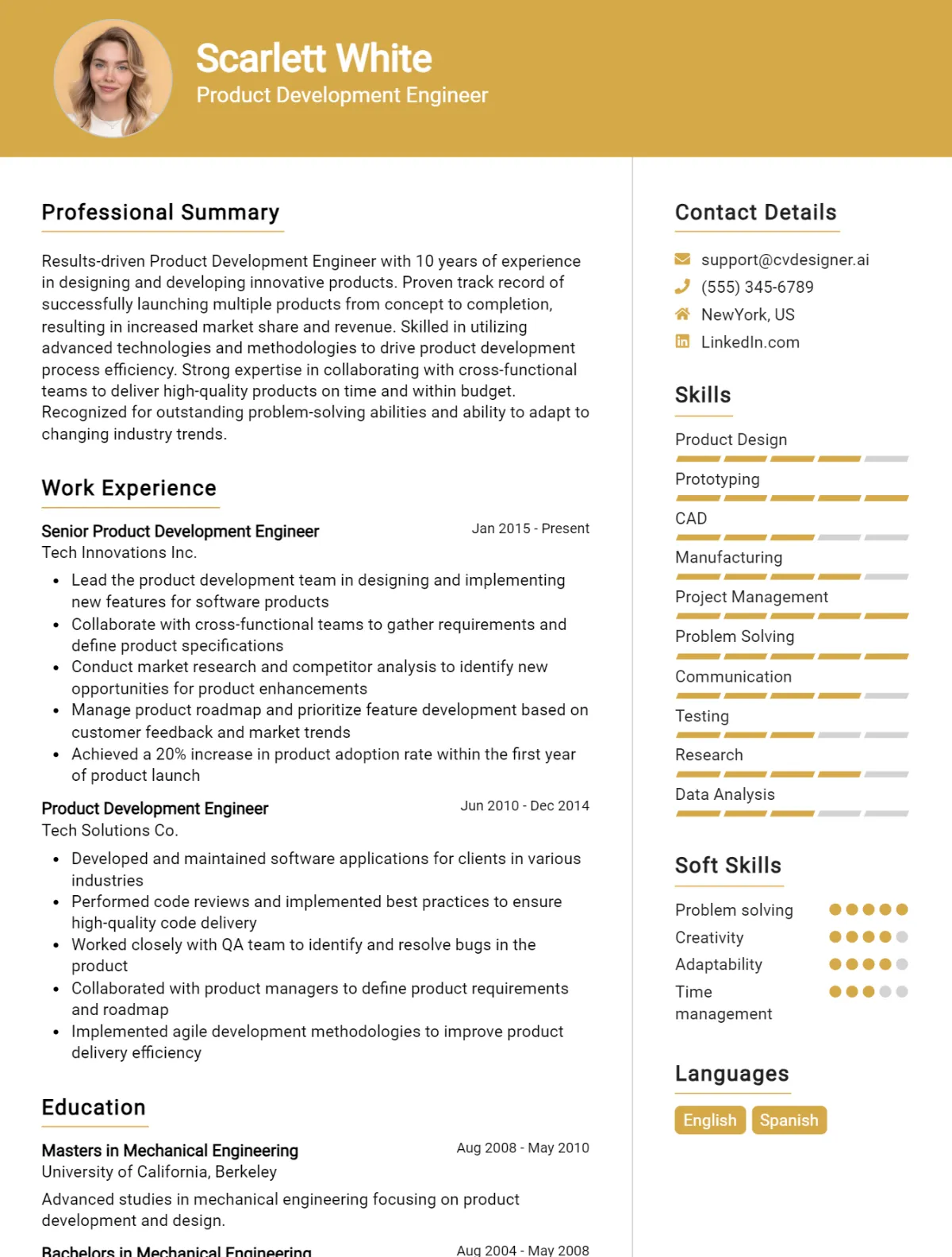 Product Development Engineer CV Example
