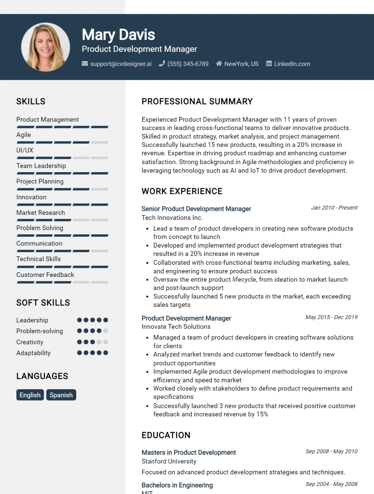 Product Development Manager CV Example