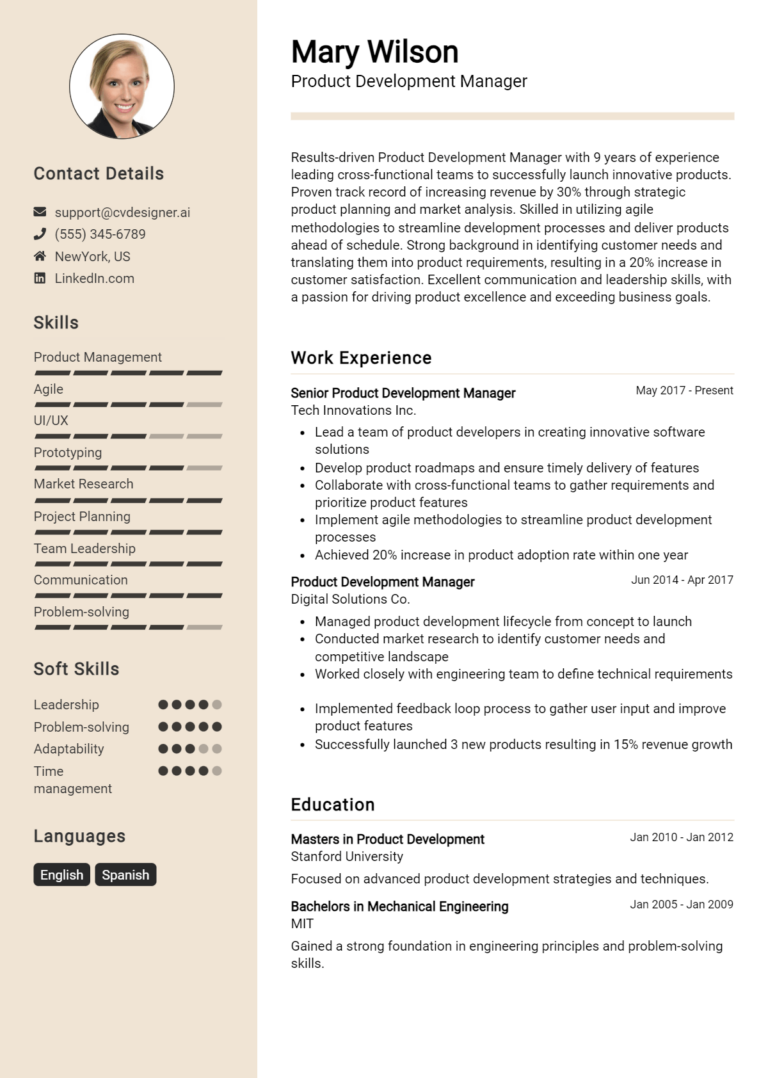 Product Development Manager Resume Example for 2025: Expert Tips