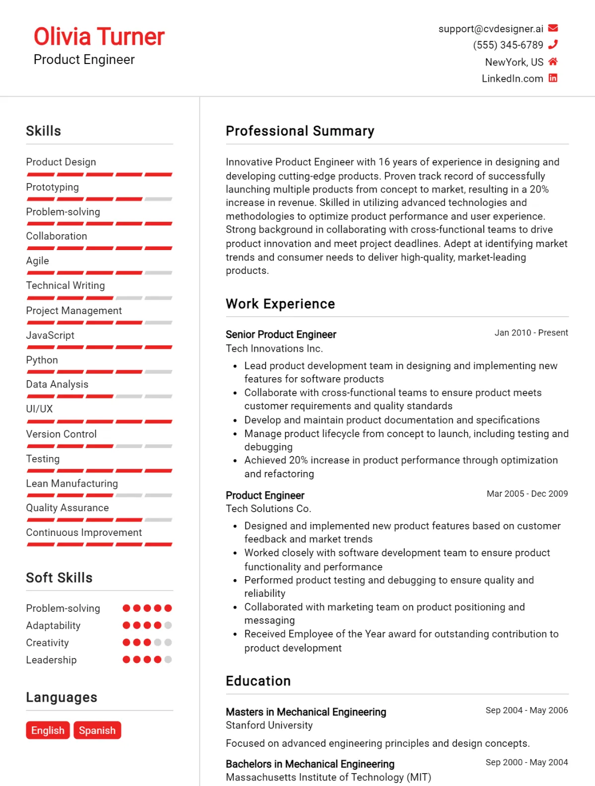 Product Engineer CV Example