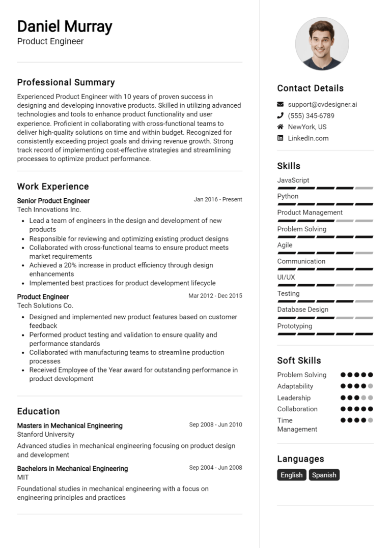 Product Engineer Resume Example for 2025: Examples & Free Templates