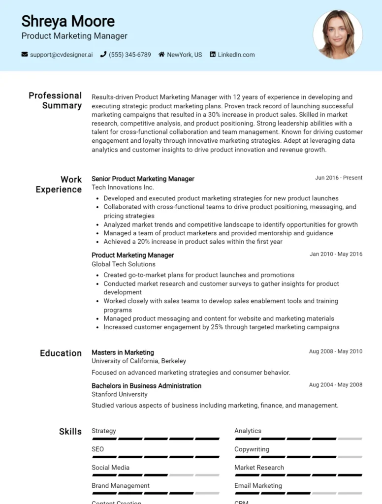 Product Marketing Manager CV Example