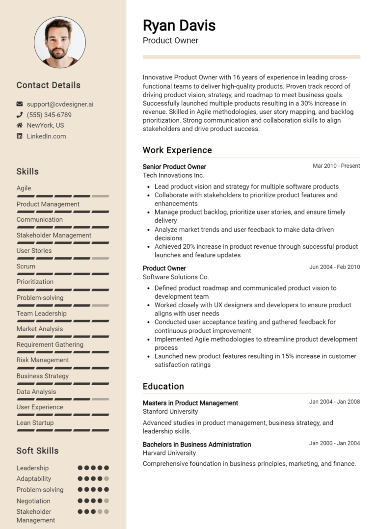 Product Owner Resume Example for 2025: Top CV Skills