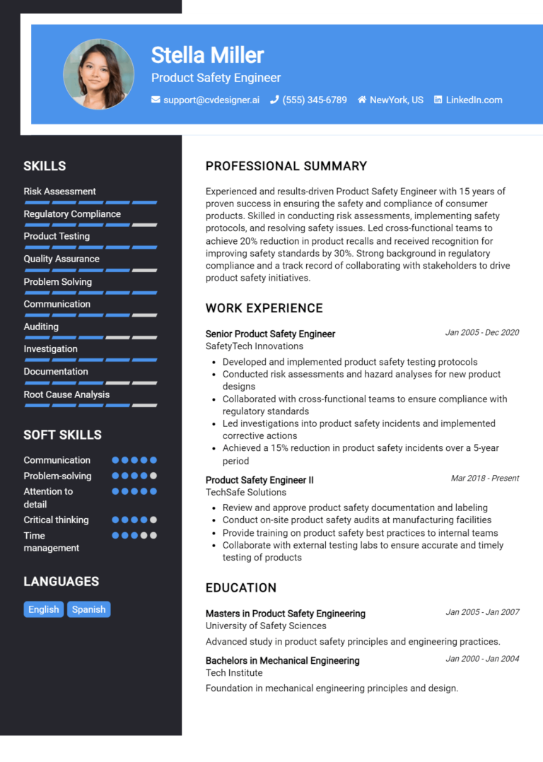 Product Safety Engineer Resume Example for 2025: Professional CV Templates