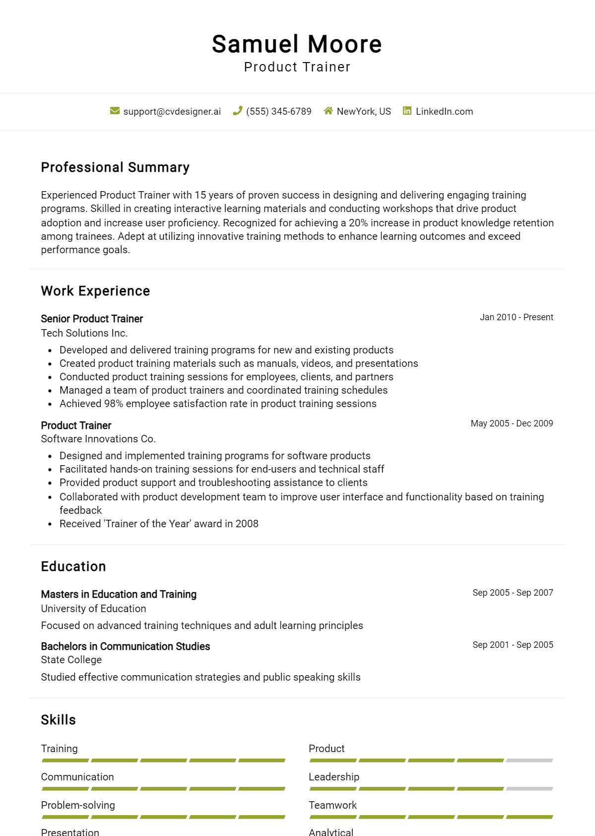 Product Trainer Resume Example