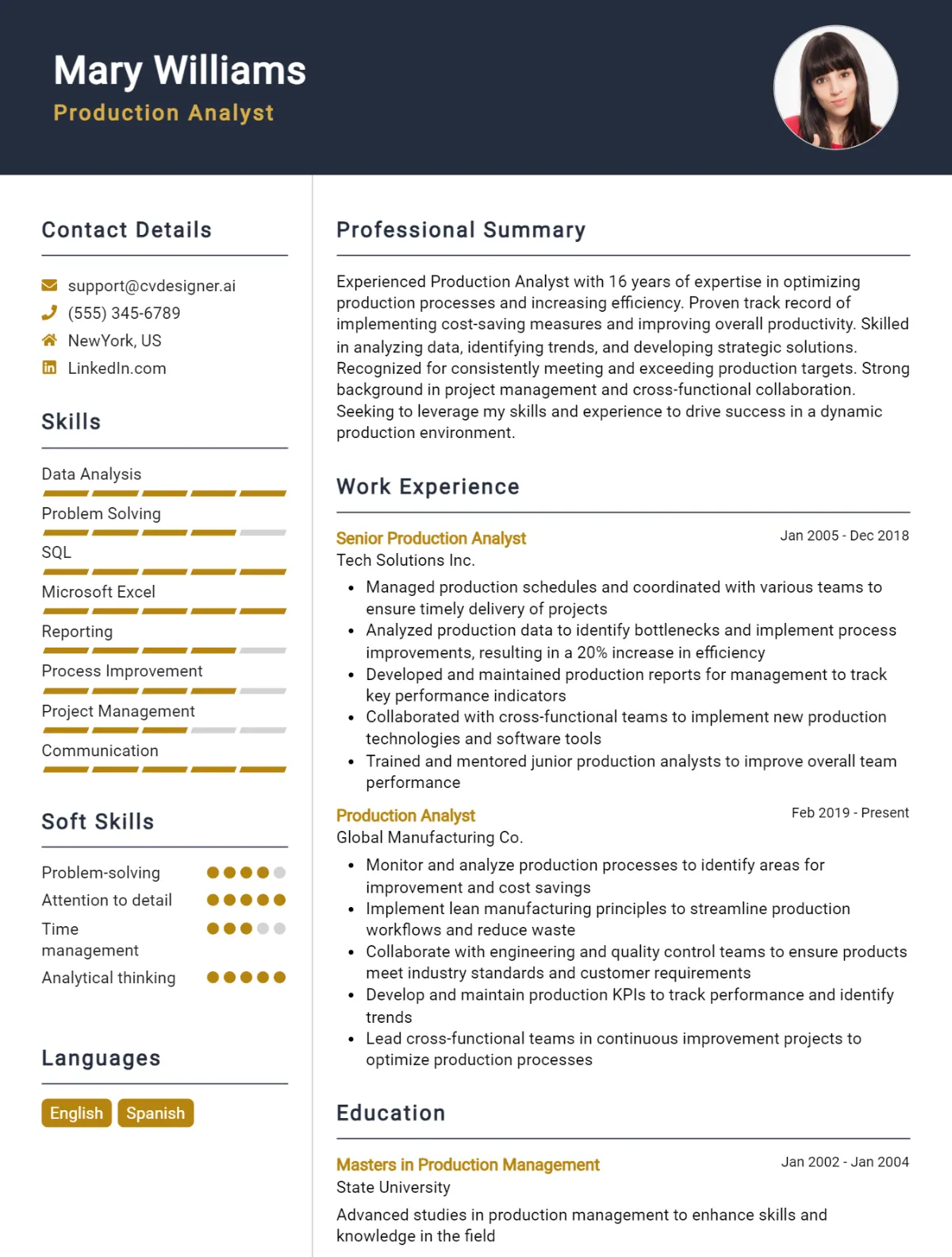 Production Analyst CV Example