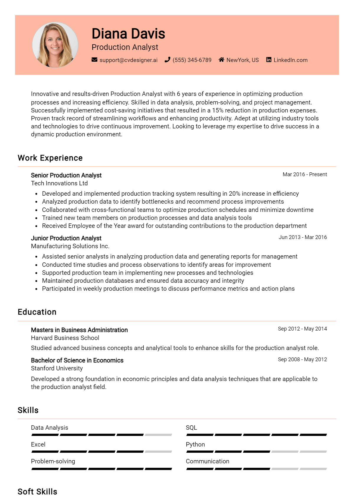 Production Analyst Resume Example