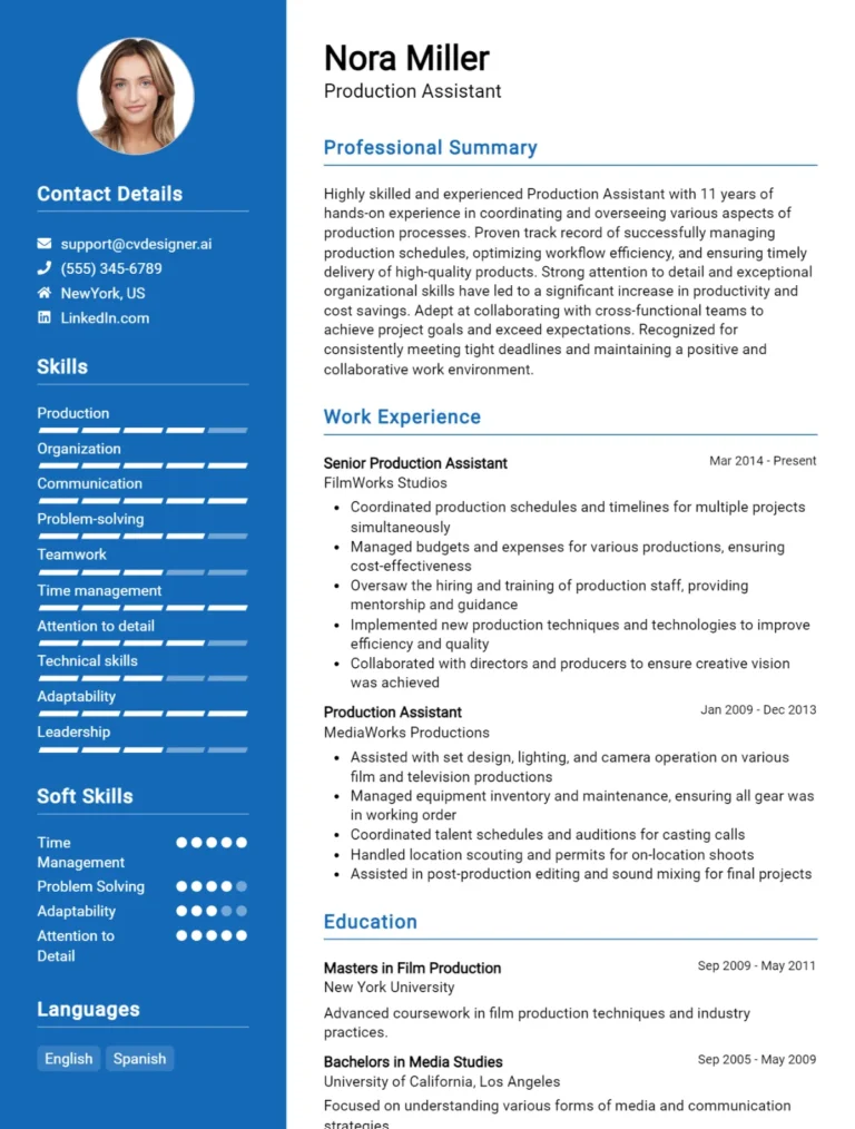 Production Assistant CV Example For 2025: Tips & Templates
