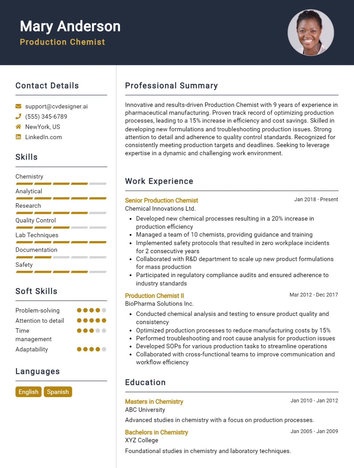 Production Chemist CV Example