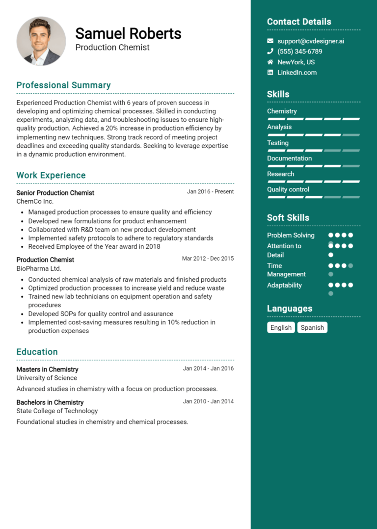 Production Chemist Resume Example for 2025: Tips to Stand Out