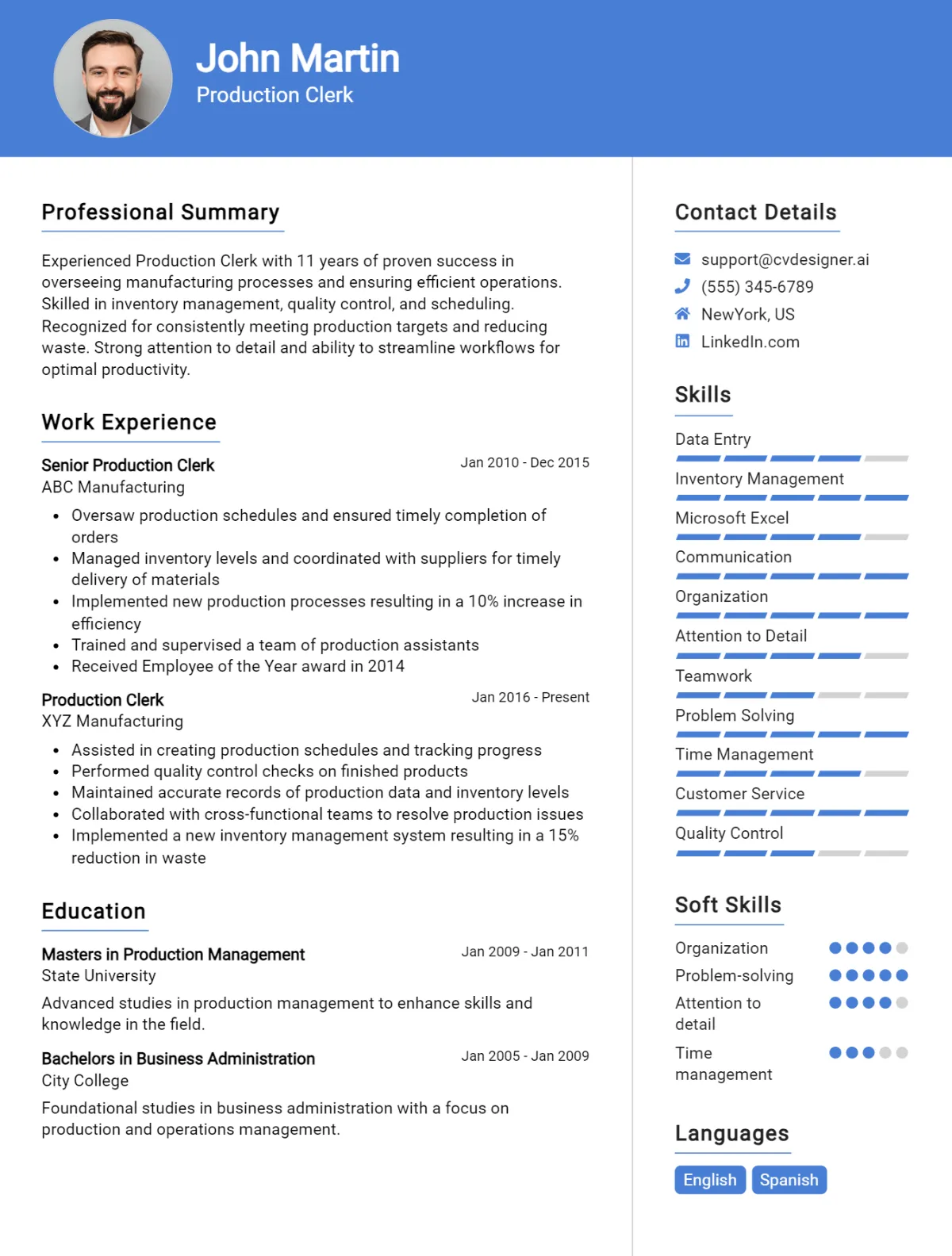 Production Clerk CV Example